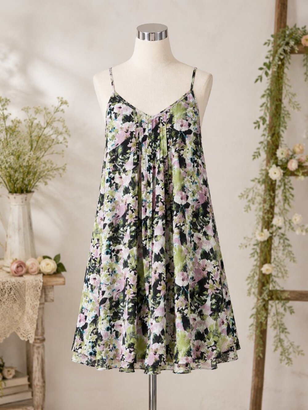 Sanctuary Watercolor Floral Pleated V-Neck Mini Slip Dress XL Boho Cottagecore - Picture 6 of 17